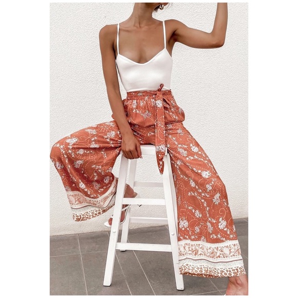 CLEARANCE Rust Bohemian Floral Printed Wide Leg Pants - Picture 3 of 6